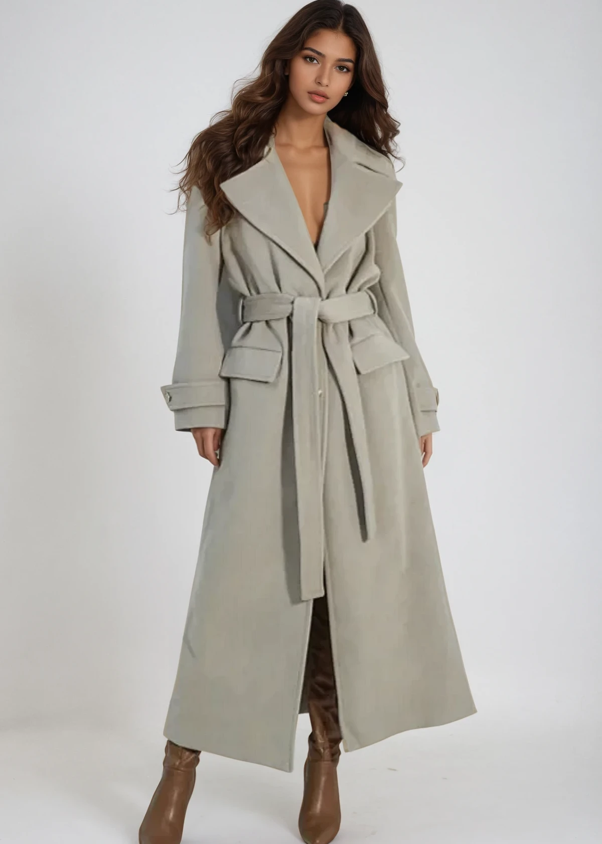 Liliamoda Valentina – Długi Płaszcz w Odcieniu Mocca